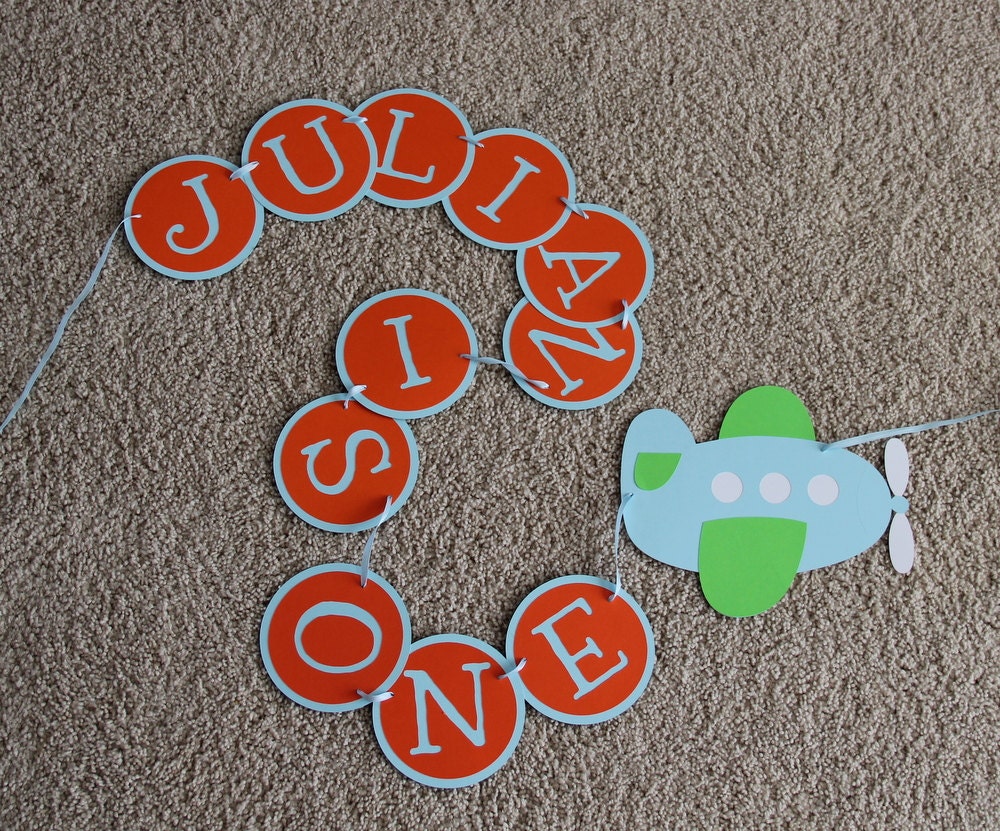 Airplane First Birthday Banner-- Orange, Light Blue and Lime Green-- Custom colors Available