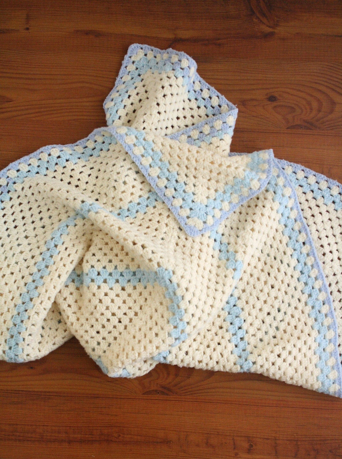 Vintage Baby Blanket . Cream . Two Tone Blue . Baby Boy Blanket . Crochet . Afgan