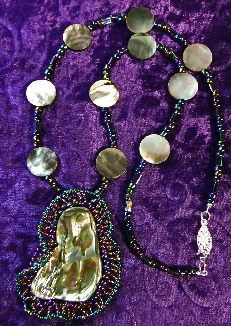 Multi-colored Abalone Shell Bead Embroidered Necklace Beadlace Edge Green Blue Purple Looks Like Moonlight Magic OOAK