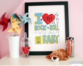 I Love Rock 'N Roll Hand drawn Type 11 x 17 Print Kids Room Decor in Green/Black