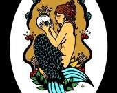 Old School Tattoo MERMAID Art Skull Victorian Print 11 x 14