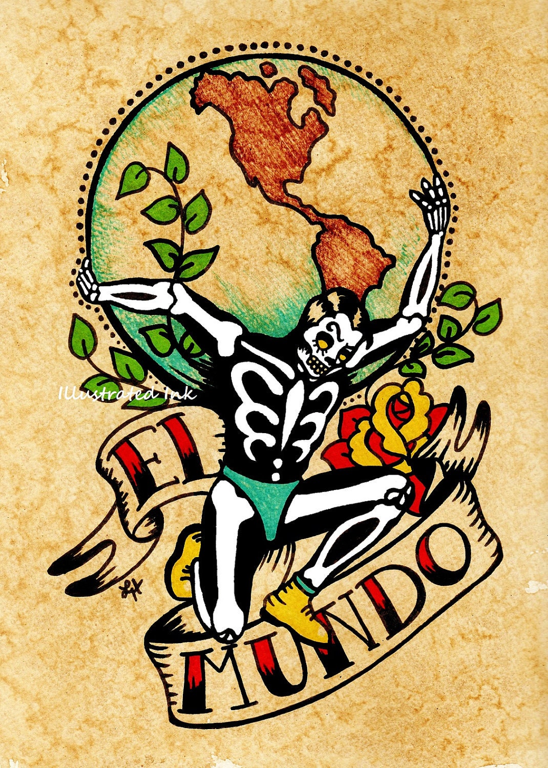 Day of the Dead Tattoo Art EL MUNDO Loteria Print 5 x 7