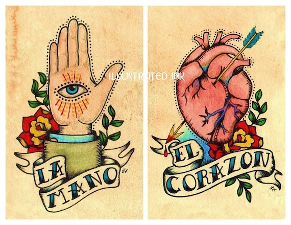 Old School Tattoo Art Print Loteria LA MANO & El CORAZON 5 x 7 Set