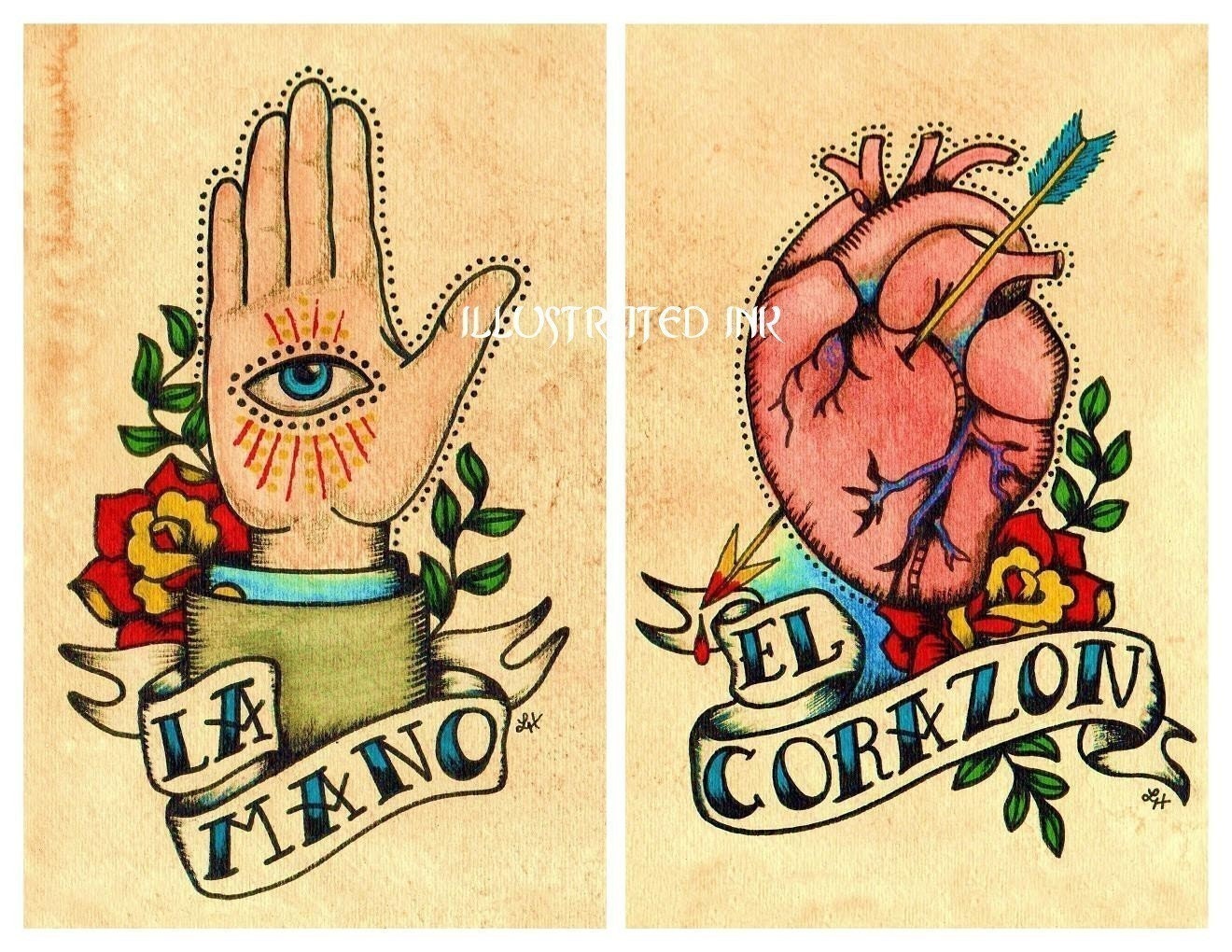 Old School Tattoo Art Prints Loteria LA MANO & El CORAZON 5 x 7