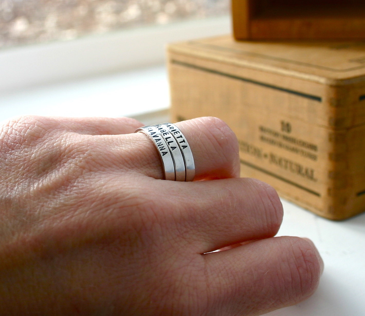 Three customized Sterling silver hand stamped rings - stacking rings - personalized name rings