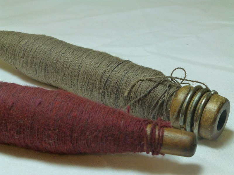 Antique Textile Wood Bobbin Spool Pair
