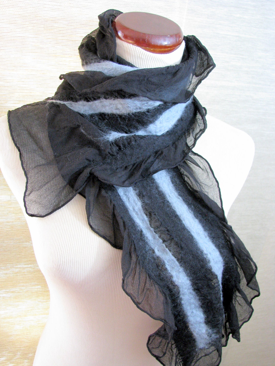 Black and Silver Felted Scarf,  Nuno Felted Silk Scarves, Nuno Felt Clothing, Ruffle Scarf, Women, Handmade, Merino Wool and Silk 1268
