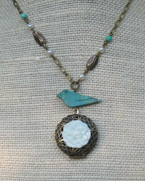 Nature Locket . Vintage Glass Button . Turquoise Bird . Jewelry By BlissDayDesigns