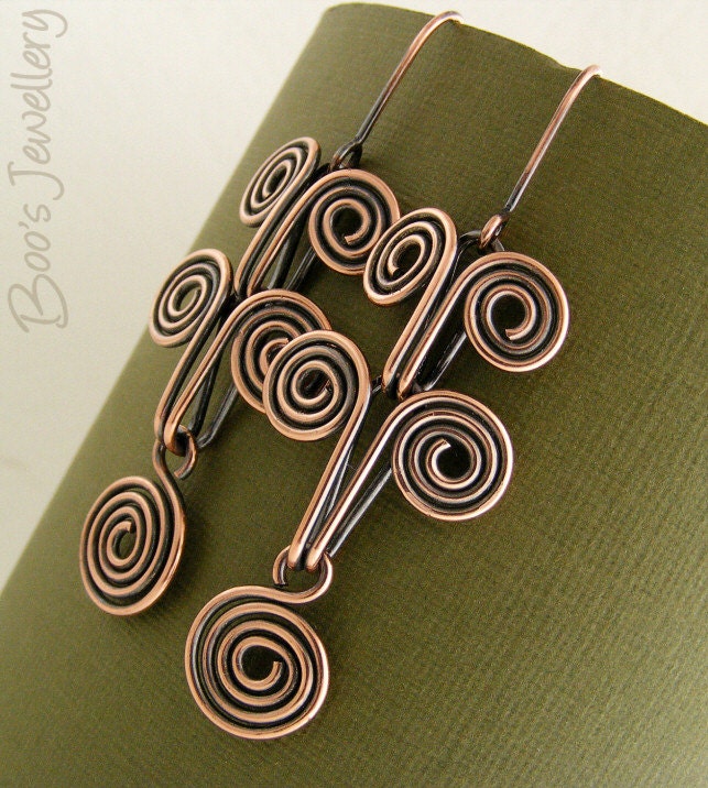 Antiqued copper Egyptian coil earrings - featuring fluidly moving scrolls of copper wire in an ancient design