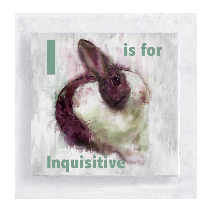 Alphabet Art - 5x5 Art Block - I is for Inquisitive - Bunny Wisdom - Animal Portrait - Wall Art - Home Decor