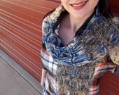 Blue Accessories Knit Brown and Denim Blue Scarf with Cream.  Sparkle Threads, Shiny Ribbons Blue and Brown Scarf
