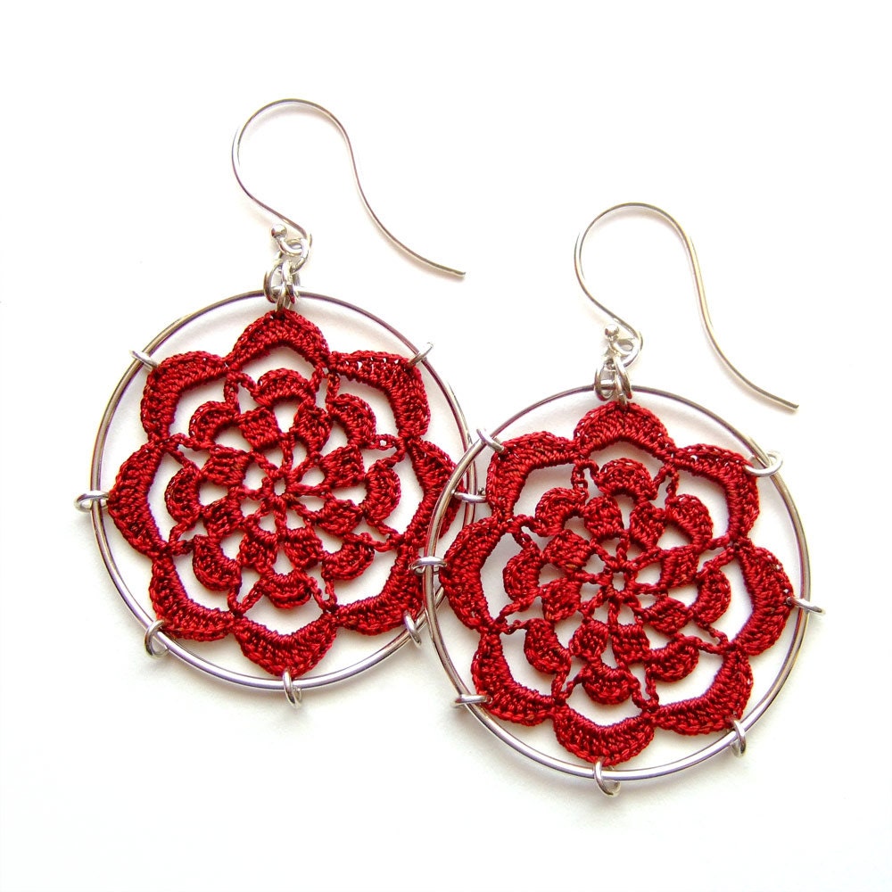 Serendipity Doily Earrings, hand-dyed silk thread