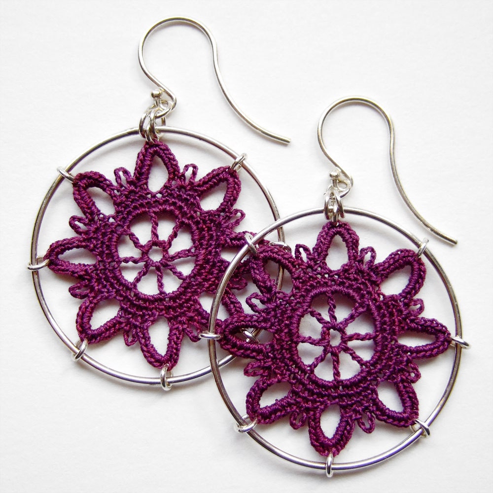 Bubble Doily Earrings, hand-dyed cotton thread
