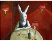 White Rabbit Art - red restaurant- rabbit art "Stood Up" 11  x  17" print