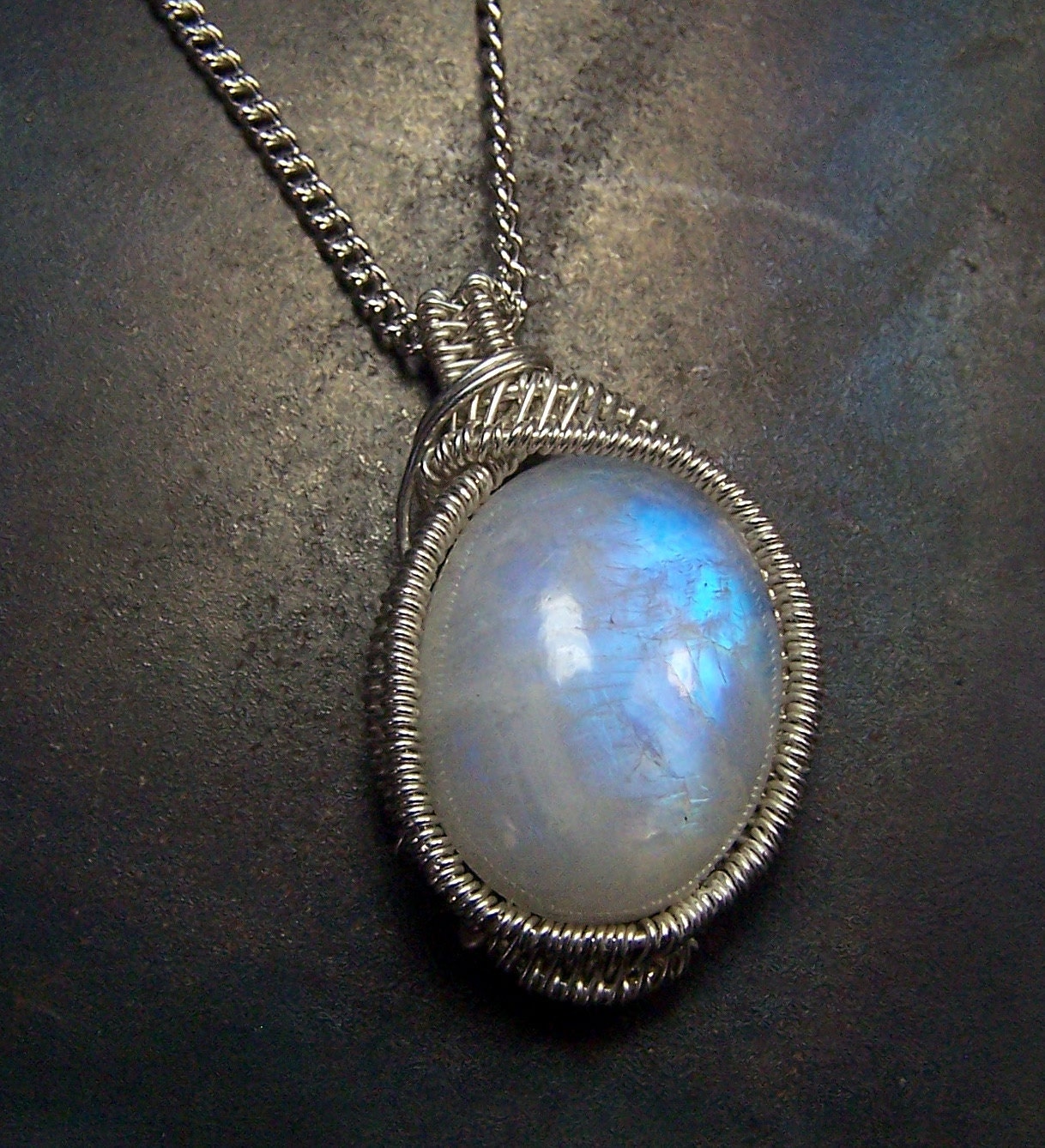 Rainbow Moonstone Necklace Pendant - Sterling Silver - Wire wrap - wrapped - Rainbow Moonstone pendant - cabochon - blue purple fire