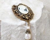 Brass Cameo Brooch White Pearls Bridal Victorian Jewelry