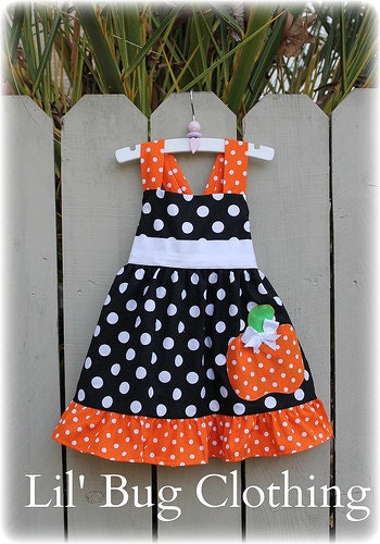 Custom Boutique Black White Orange Polka Dot Pumpkin  Halloween Girls Jumper Dress