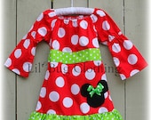 Custom Minnie Mouse Christmas Lime  and Red  Fall Girls Peasant Dress