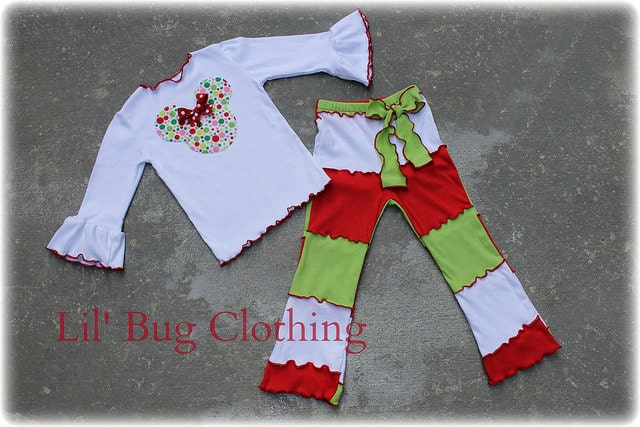 Custom Boutique Clothing Minnie Mouse Christmas   Lettuce Edge Pant and Tee  Outift Lime Red White