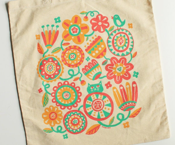 Floral Geo Cat and Bird Tote