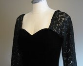 vintage LAURA ASHLEY Black Velvet Dress / Lace Sleeve Formal / Holiday Sweetheart Dress