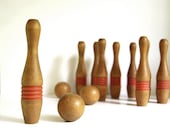 Vintage Wooden Bowling Set Treen Pins and Balls Antique - CalloohCallay