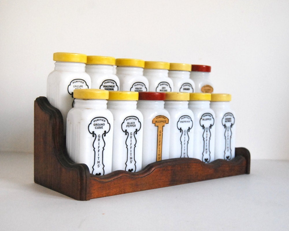 Vintage Griffiths Spice Jar Set Art Deco Milk Glass with Yellow, Red Metal, Wood Rack - CalloohCallay