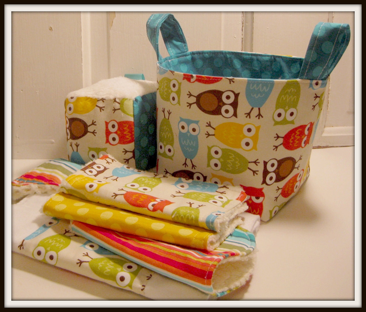 I'm A Hoot in Brown Baby Gift Basket---- Burp Cloth, Bib, Rattle Block, Wash Cloth Set and Fabric Basket