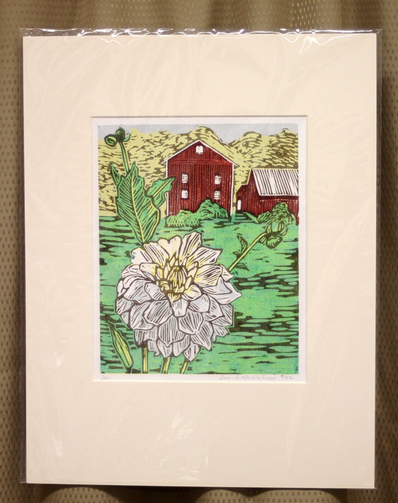 Barn and Dahlia Woodblock Print--with Window Mat