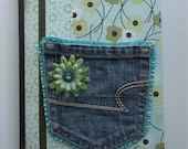 Blue and Green Altered Journal with recycled Jeans Pocket