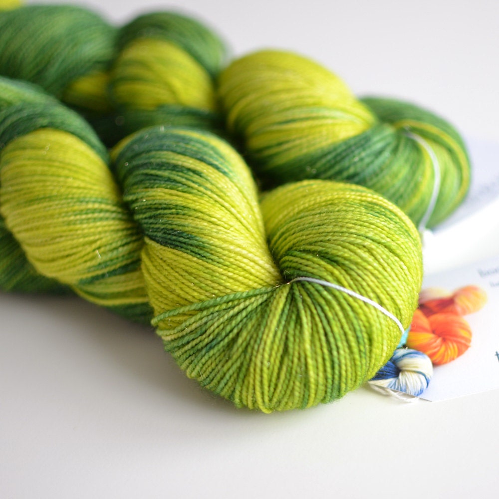 Hand Dyed Sock Fingering Yarn - Sparkle - Superwash Merino / Nylon 438 Yards - Silurian - Forest Green and Chartreuse Electric Lime
