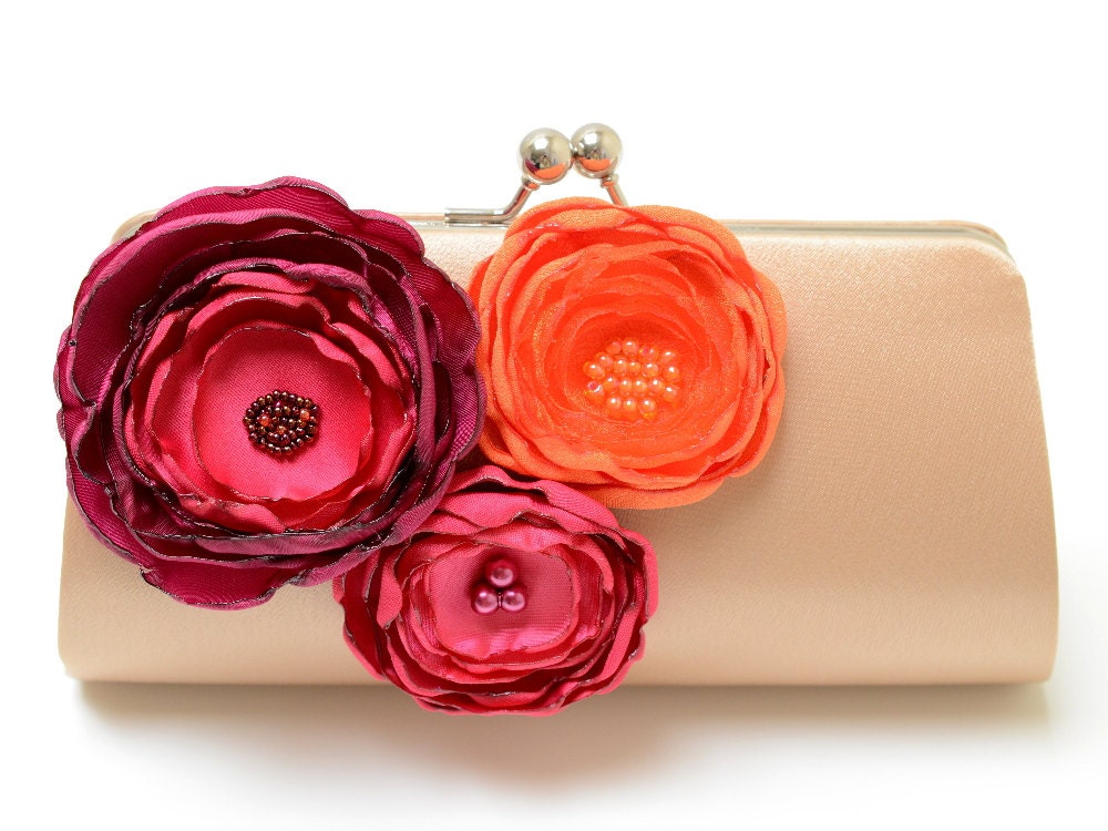 Bridesmaid Clutch  - Bridal Clutch - Raspberry Tangerine & Dark Champagne Clutch - Pink Fuchsia Magenta Orange Bouquet Clutch - Medium Size