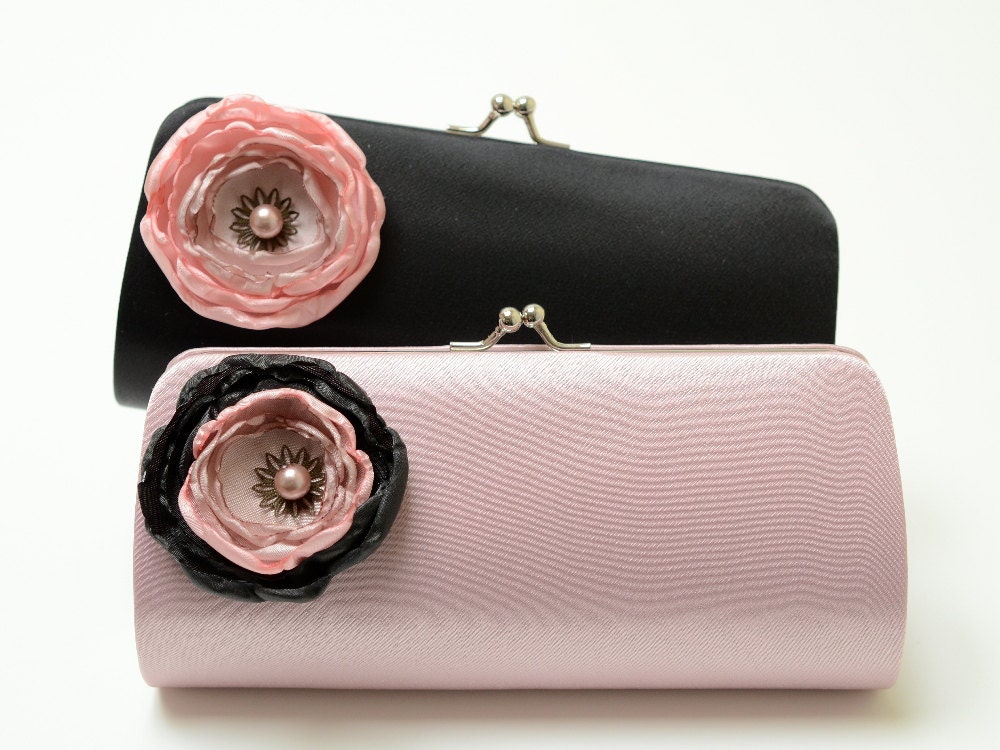 Bridal Clutch Bridesmaid Clutches Set of 2 - Black Clutch n Dusty Rose Clutch - Dusty Rose Pink & Black Petite Flower Bloom