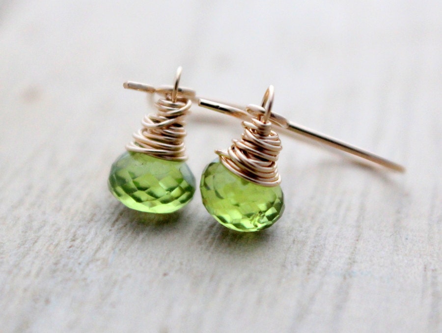 Peridot Drop Earrings, Gold Filled Wire Wrapped Gemstones, August Birthstone Gift, Grass Green