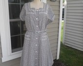 Fabulous XXL 1940s Vintage Cotton Rockabilly Swing Dress Pink Black White Embroidered Trim 46 Bust FREE U S SHIPPING