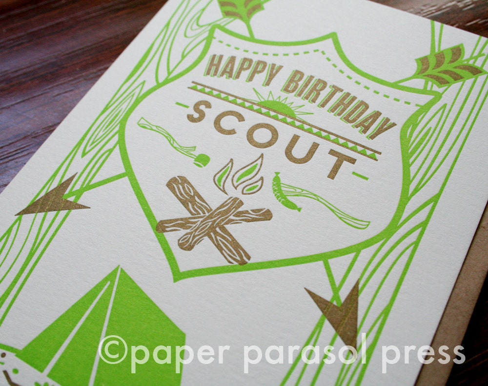 Happy Birthday Scout Letterpress Printed Camping Birthday Card