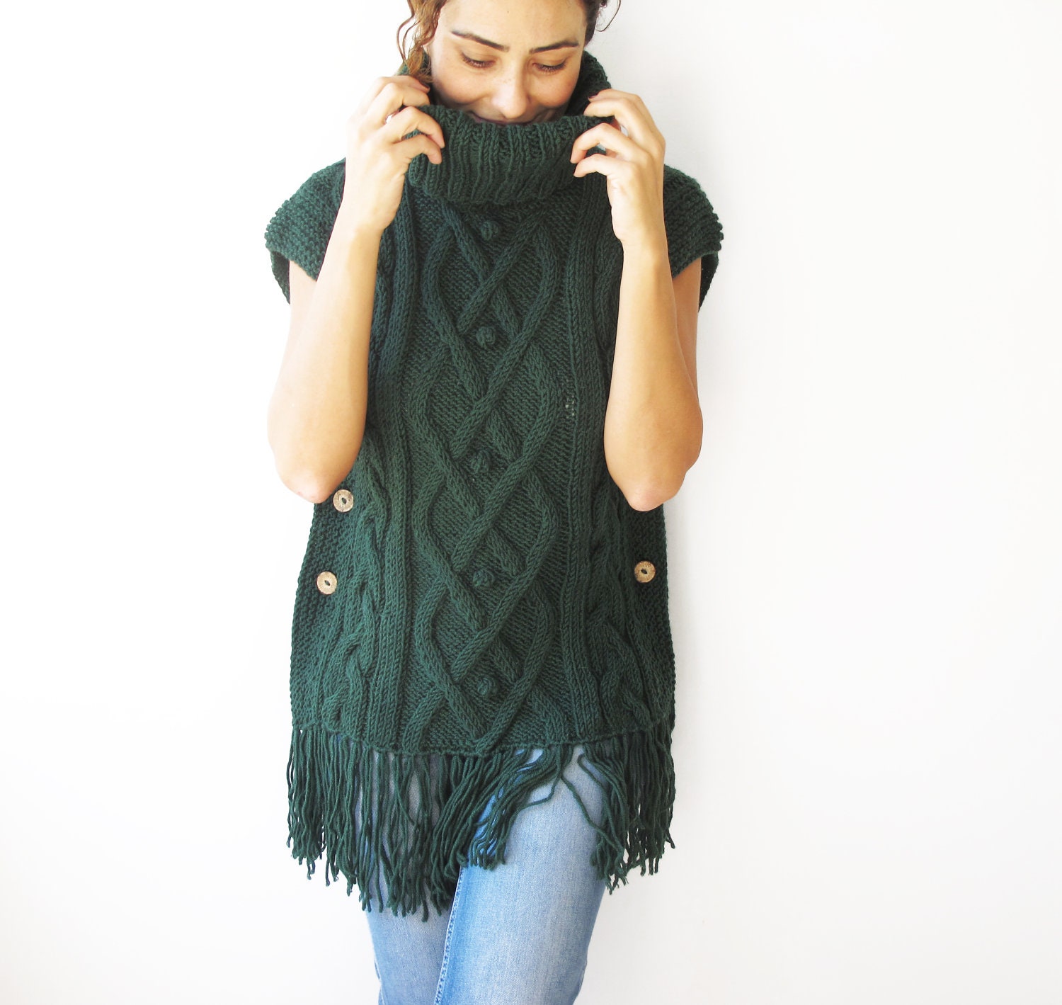 Winter SALE %40 Dark Green Cable Knit Poncho by Afra Plus Size