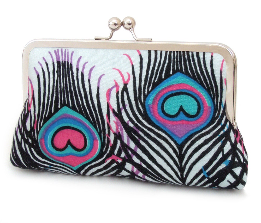 Peacock feathers clutch bag : silk-lined handmade purse with vintage fabric and gift box