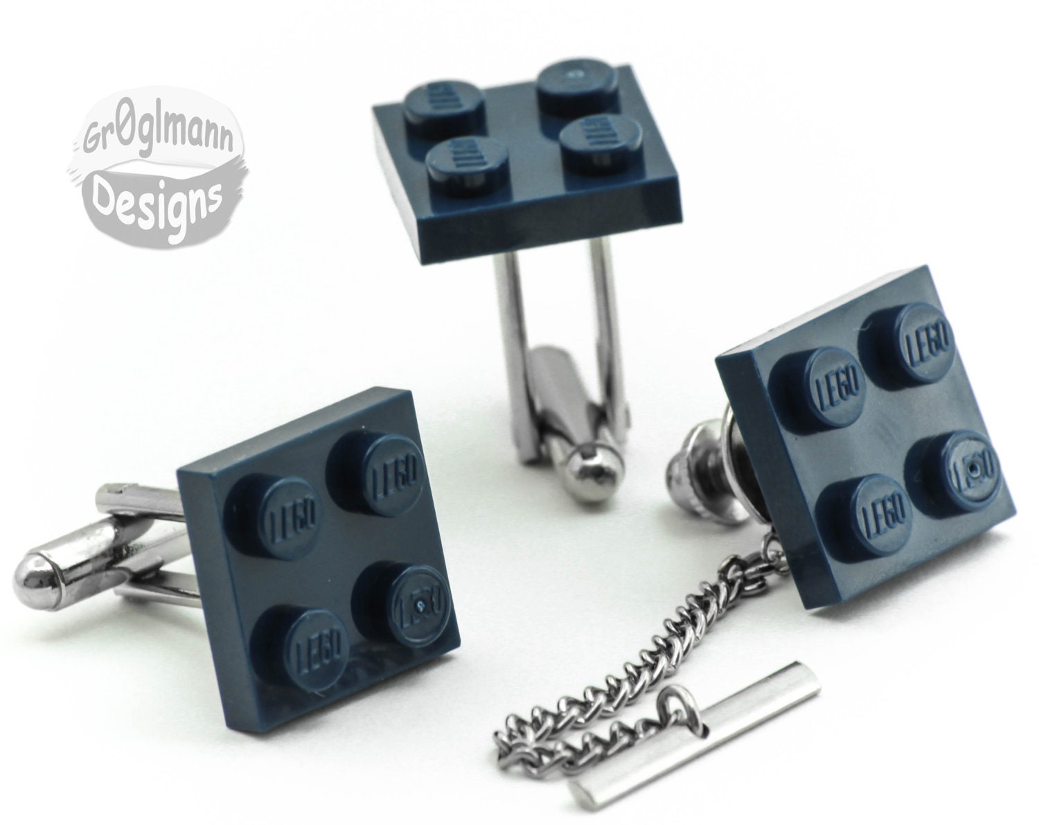 Dark Blue Tile Cufflinks & Tie Tack Set :) made with LEGO bricks