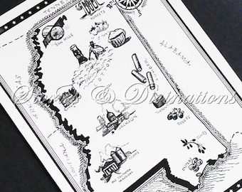 Mississippi - Black and White Vintage Map of  Mississippi  - 1940s Original State Picture Map - A Fun Little Pitcure Map to Frame