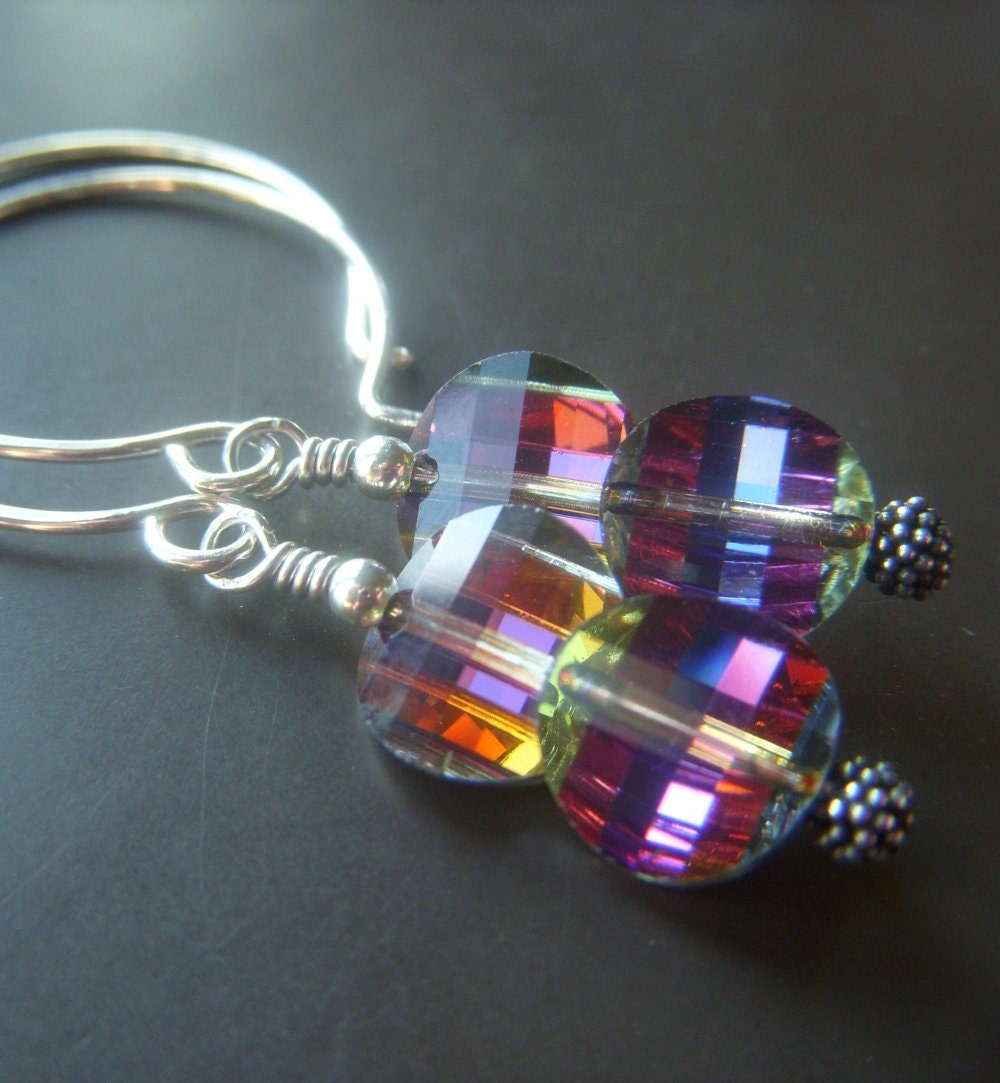 Swarovski Pagoda Earrings on Sterling Hoops . Vintage Rare Crystal Rainbow Multicolor Dangle . Parade