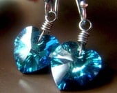 Swarovski Heart Earrings on Oxidized Sterling Silver . Wirewrapped Crystal Bermuda Blue Dangle . Blue Lagoon