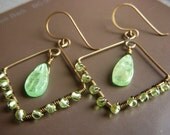 Green Kyanite Earrings on Brass with Peridot . Hand Torched Gemstone Briolette Dangle . Willow