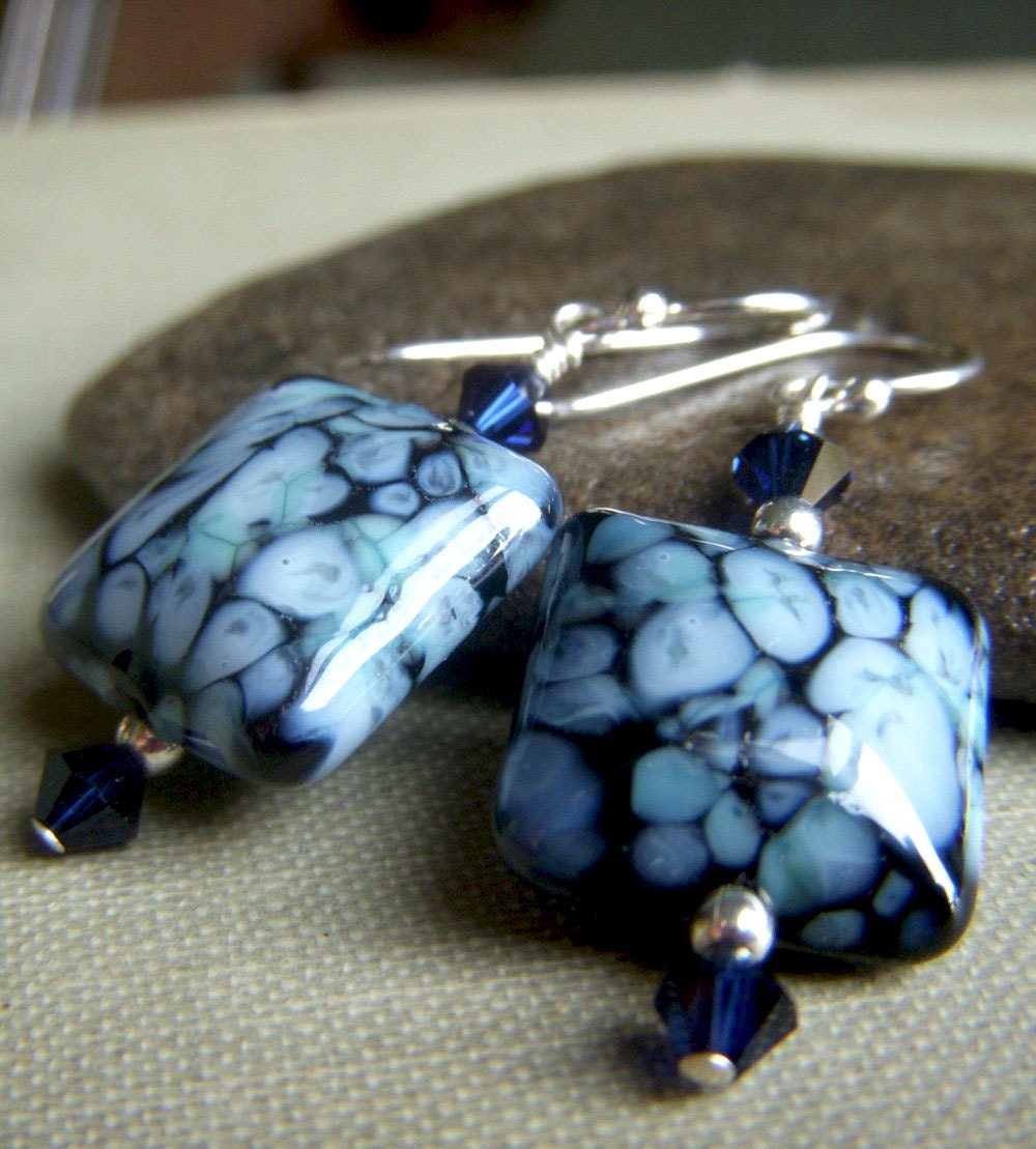 Blue Lampwork Earrings on Sterling . Swarovski Navy Blue Dangle SRA Artisan Glass . Midnight