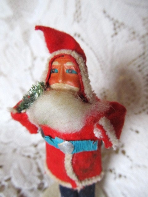 Vintage 1940's-50's Felt Santa With Bottle Brush Tree, Putz Style, Japan