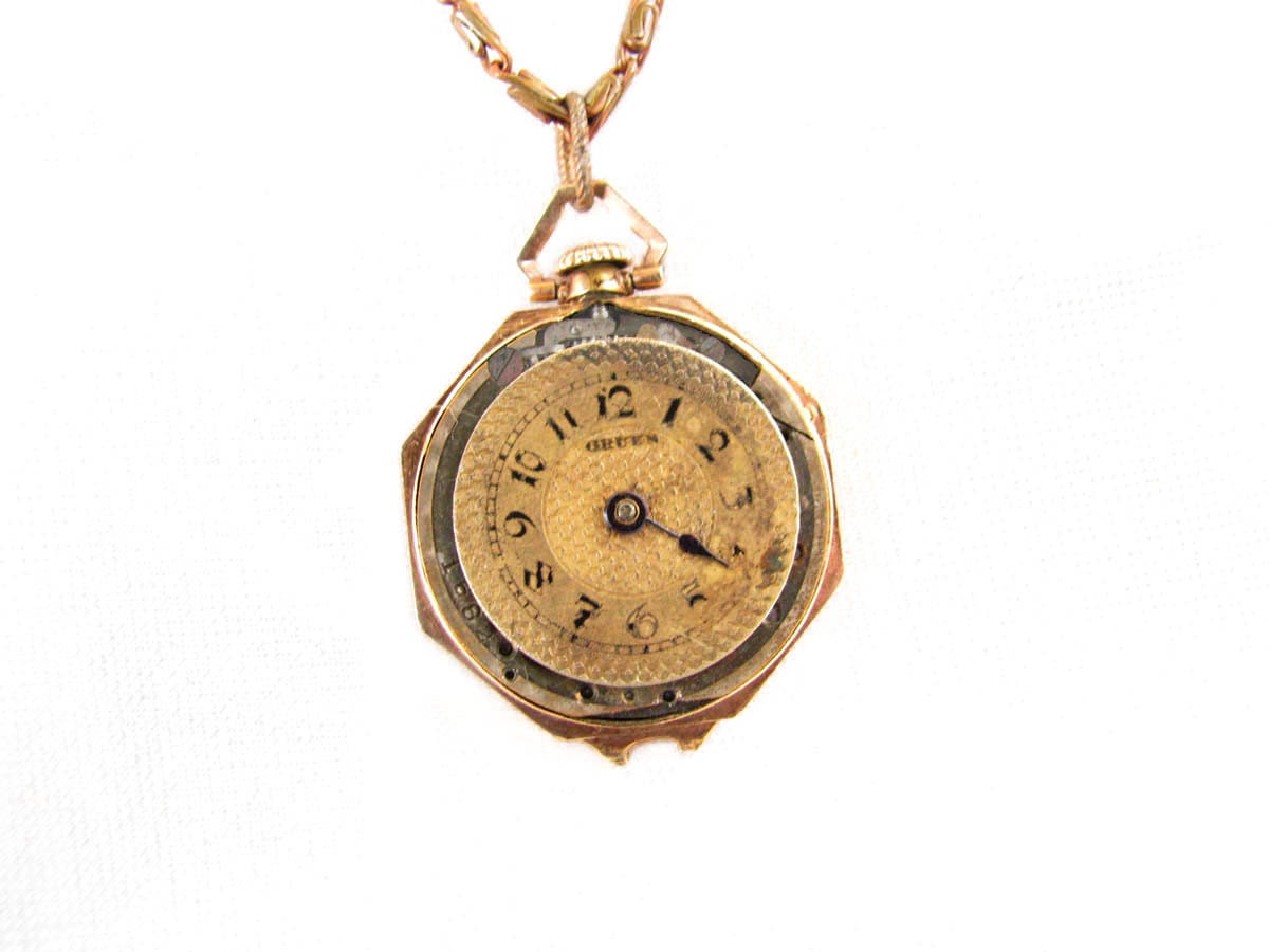 Steampunk Necklace - Rare Vintage Goldfilled Octagon Lady Gruen Convertible Pocket Watch Pendant - OOAK -
