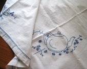 White Tablecloth Embroidered Teapot and Cup Vintage Circa 1960 Fabulous 58 x 60 Topper Centerpiece