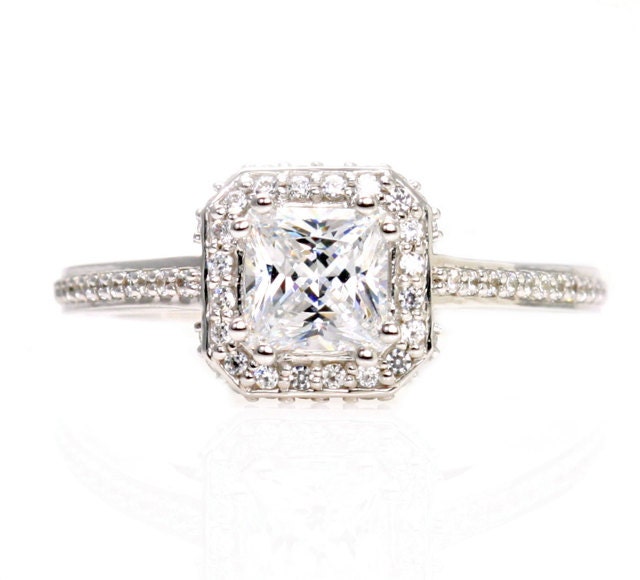 Princess White Sapphire Engagement Ring 14K Diamond Halo Sapphire Ring 14K White Yellow Rose Gold Bridal Jewelry