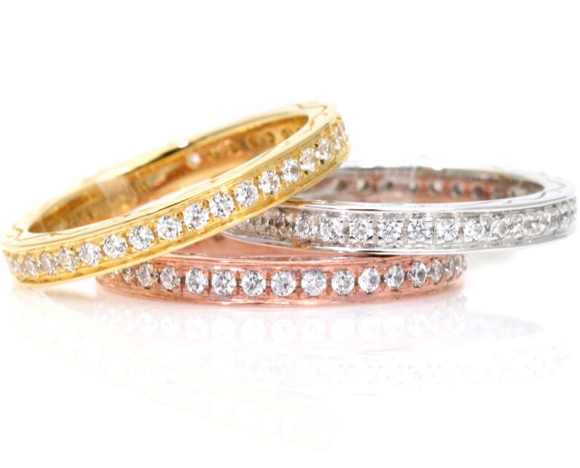 Set of Three Diamond Eternity Bands Anniversary Bands Stacking Rings White Yellow Rose Gold