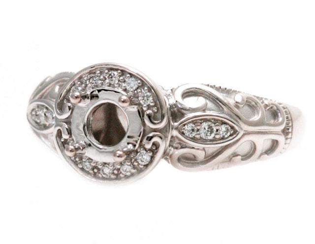 14K Vintage Diamond Halo Semi Mount Engagement Ring Custom Art Nouveau Platinum Bridal Jewelry